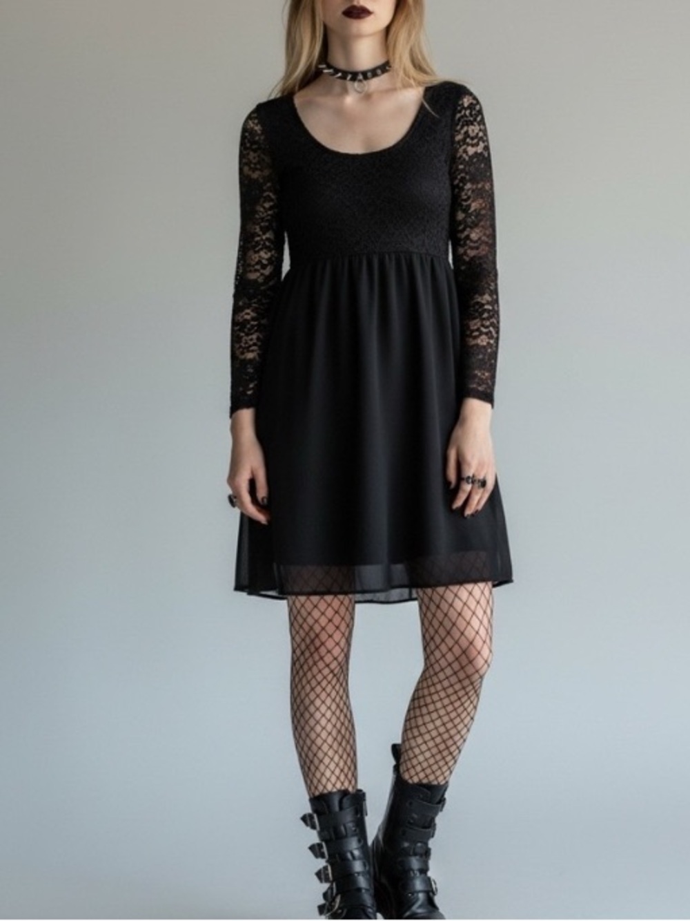 Vintage 90s black lace Chiffon sheer overlay babydoll dress Grunge Emo LBD Goth